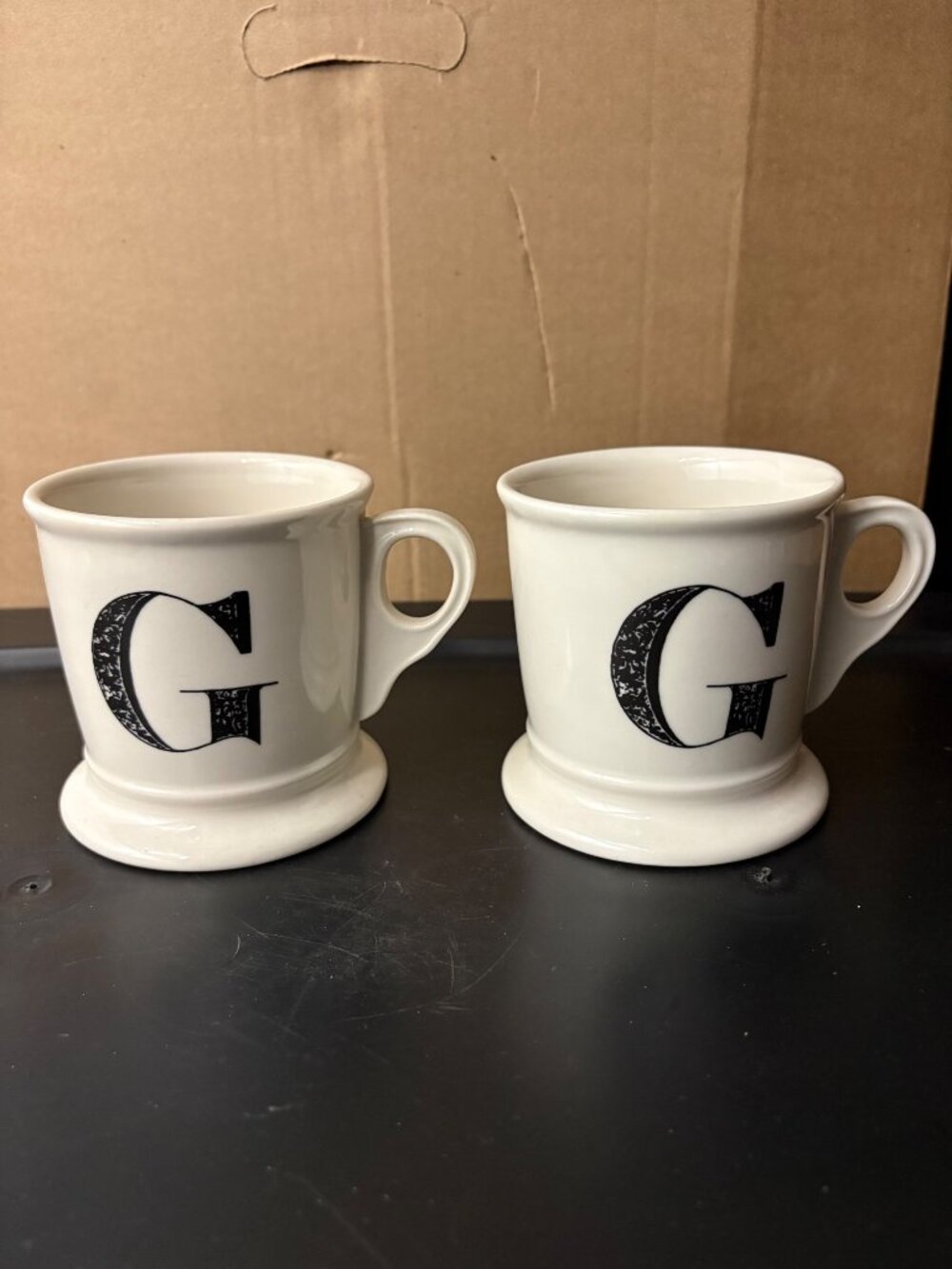 Pair Of White Ceramic Initial Monogram "G" Mugs Pedestal Base Anthropologie